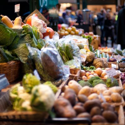 A vegetable stall at Borough Market in London, UK